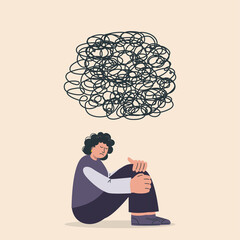 Sad girl sitting with bewildered thoughts. Woman in a state of depression, confused situation, support is an opportunity and a chance. Person needs psychological consultation.