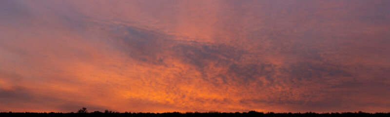 The evening sunset. Panorama. Purple clouds. Tragic gloomy sky.