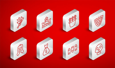 Set line Skull, King crown, Quiver with arrows, Shield, Bullet, Sword for game, Old money bag and Medieval helmet icon. Vector