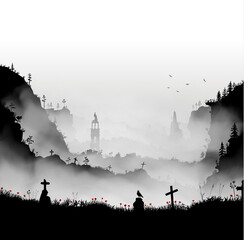 The valley of graves art inside fog clouds. Black and white landscape with gravestones, red pope flowers, grass, trees on the field and hills with mountains behind. Vector illustration