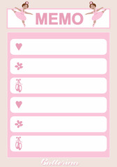 vector sheet for notes with the inscription Memo and decor with little ballerina girls