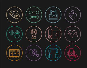 Set line Smart watch with heart, Heart rate, Sweaty sleeveless t-shirt, Location gym, Dumbbell, Fitness mat roll and icon. Vector