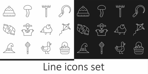 Set line Basket and food, Kite, Garden rake, Scarecrow, Socks, Winter hat, Hedgehog and Mushroom icon. Vector