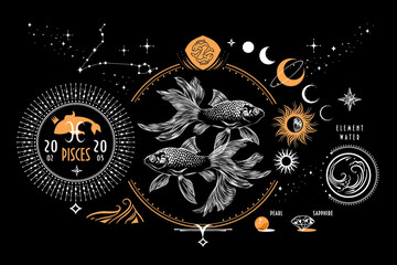 The astrological sign of the zodiac is Pisces. Realistic hand drawing of two fish on a dark background. Characteristics of the zodiac, stars, constellations, stones, symbols, icons, horoscope