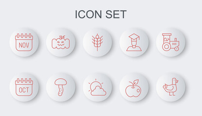 Set line Dove, October calendar autumn, Wheat, Apple, November, Pumpkin, Mushroom and Sun and cloud weather icon. Vector