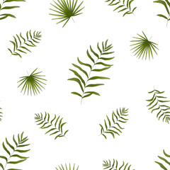 Tropical leaves seamless pattern. Jungle hand drawn illustration. Palm leaves drawing