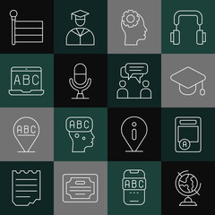 Set line Earth globe, Exam sheet with A plus grade, Graduation cap, Head gear inside, Microphone voice device, Foreign language online study, Flag and Two sitting men talking icon. Vector