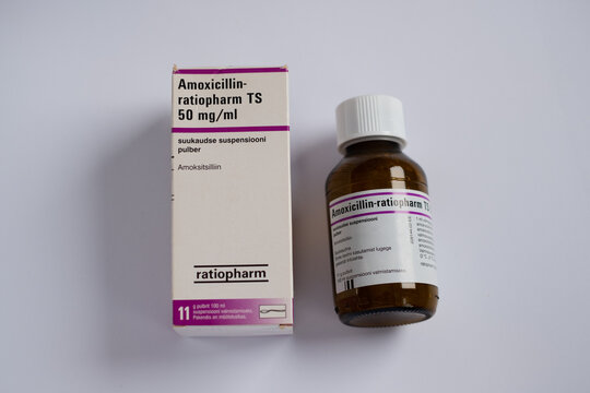 Tallinn, Estonia - 02.08.2022: Widely used Amoxicillin-ratiopharm antibiotic by Sandoz GmbH. Medical treatment and pharmacy concept.