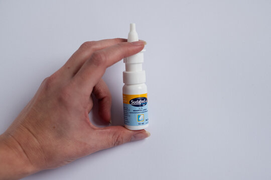 Tallinn, Estonia - 02.08.2022: Sudafed xylometazoline hydrochloride nasal spray by McNeil Healthcare to release clogged nose and cavities due to cold, flu or allergy symptoms. 