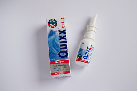 Tallinn, Estonia - 02.08.2022: Quixx extra hypertonic nasal spray by Berlin-Chemie Menarini to release clogged nose and cavities due to cold, flu or allergy symptoms. Medical treatment and pharmacy.