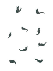 Fototapeta na wymiar Set of dark silhouettes of cute cats in different poses. Abstract stylized animalistic pattern for kitty design of your favorite things. Stylish black and white wallpaper in a modern minimalist style.