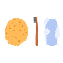 Personal hygiene items. Washcloth in the form of a sponge, eco-friendly bamboo toothbrush, soap bar. Vector illustration in a flat style.