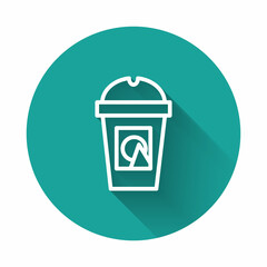 White line Coffee cup to go icon isolated with long shadow. Take away print. Green circle button. Vector