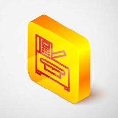 Isometric line Office multifunction printer copy machine icon isolated on grey background. Yellow square button. Vector