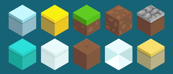 Obraz premium Set of block materials and textures, vector elements for game design. Cubes isolated on green background. Set of Game Platforms. Items for Games. 