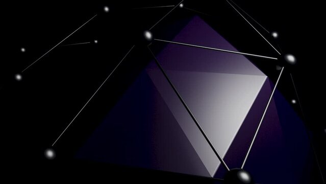 Abstract convex dark purple plexus grid around pulsating 3d polygonal sphere, seamless loop. Design. Connected lines and dots around a convex figure.