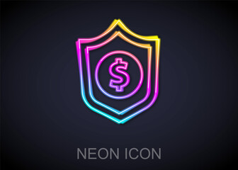Naklejka na ściany i meble Glowing neon line Shield with dollar symbol icon isolated on black background. Security shield protection. Money security concept. Vector