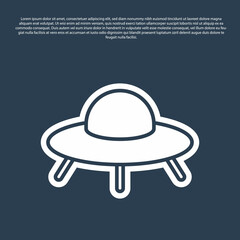 Blue line UFO flying spaceship icon isolated on blue background. Flying saucer. Alien space ship. Futuristic unknown flying object. Vector