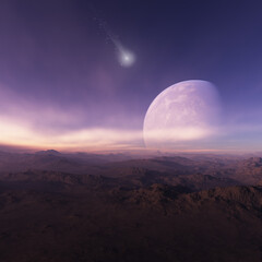 3d rendered Space Art: Alien Planet - A Fantasy Landscape with blue skies and falling star