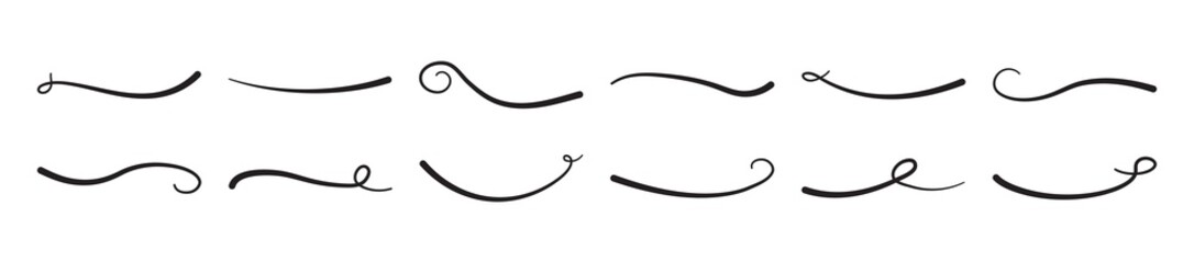 Swoosh and swash, swish vector line icon, black underline set, hand drawn swirl and curly text elements isolated on white background. Doodle retro collection