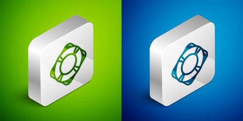 Isometric line Lifebuoy icon isolated on green and blue background. Lifebelt symbol. Silver square button. Vector