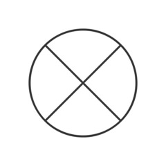 Circle divided in 4 segments isolated on white background. Pie or pizza round shape cut in four equal parts in outline style. Simple business chart example. Vector linear illustration