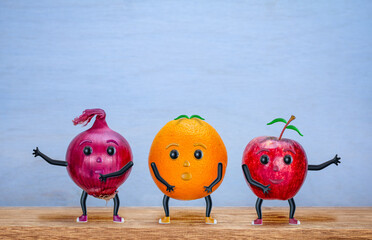 Dancing Apple, Orange and Onion, characters, happy, fun vegetables and fruit concept, with copy...