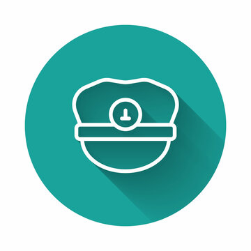 recommend clip art: White line Captain hat icon isolated with long shadow background. Green circle button. Vector
