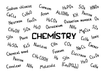 Obraz premium Chemical theme background with chemical formulas in doodle style. The inscription 