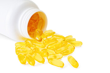 Pile of softgels capsules Omega 3 in bottle isolated on white background. Close up with copy space