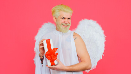 Valentine Cupid with gift. Angel with present. Valentines day. Smiling man with white wings.