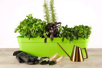 Spicy mediterranean herbs planted in container for home garden glove, watering can, gardening tools. Home gardening. Place for text. Mint, basil, thyme, rosemary in a green container