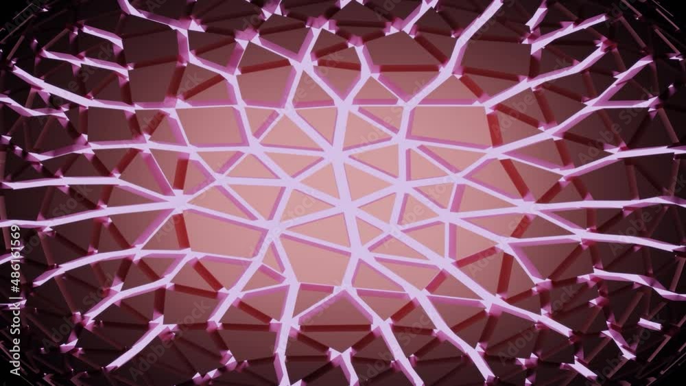 Poster Abstract convex pink and red plexus grid on a dark background, seamless loop. Design. Flowing slowly surface of connected lines and dots.