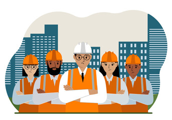 A team of constructors against the backdrop of the city and tall apartment buildings. Engineers and builders.