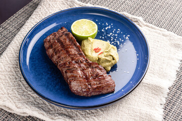 beef steak with celery puree dish, beef steak with puree