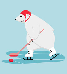 Polar bear ice hockey player. Funny mascot skating with stick and puck in attack.
