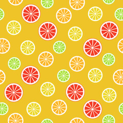Citrus variety seamless pattern. Bright wallpaper texture with orange, lemon, lime, grapefruit. Sweet juicy background