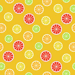 Citrus variety seamless pattern. Bright wallpaper texture with orange, lemon, lime, grapefruit. Sweet juicy background