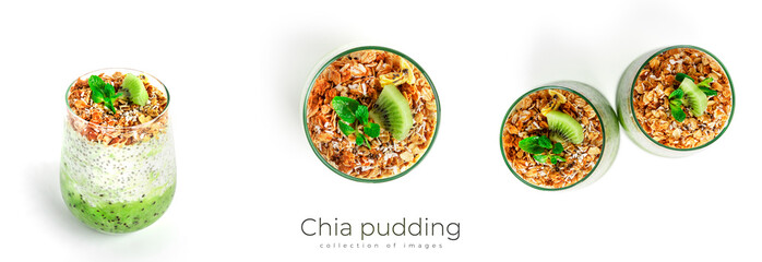 Chia pudding with kiwi and granola isolated on white background. Chia pudding, mint and kiwi.