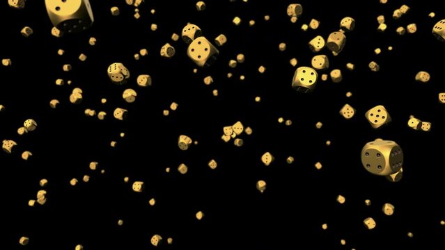 Falling golden dices motion background. Loop. Transparency is embedded in video.