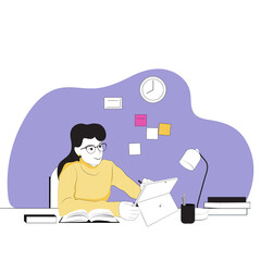 The girl behind the tablet. Overview flat conceptual illustration of online education, training and courses, training, video tutorials, for website banner, presentation template, online advertising