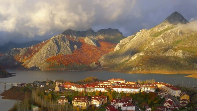 Riano cityscape at sunrise during Autumn in Picos de Europa, Spain