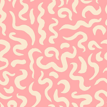 Hand drawing vector seamless pattern, abstract shapes. Curves, arcs, strokes, worms - randomly scattered repeating elements. Pink background for design.