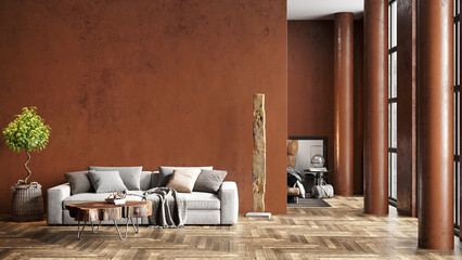 Modern beautiful interior with columns, colored wall and stylish furniture. Bright loft design. 3D rendering