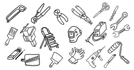 Set of construction tools in doodle style. Isolated vector.