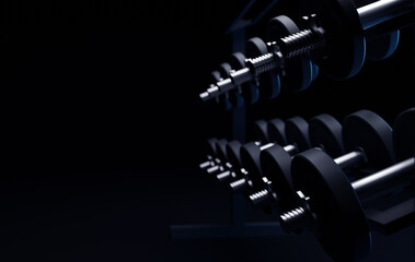 Dumbells set in the gym. 3d illustration