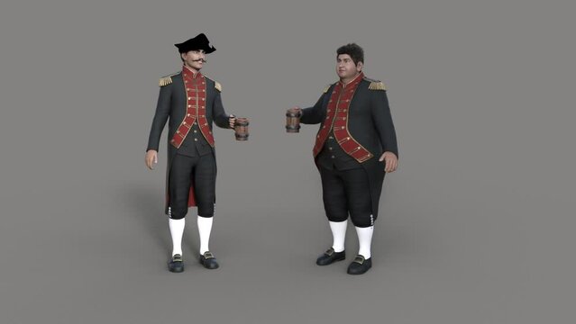 3D two naval officers dress up with a mug of wine , animation, transparent background