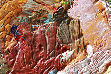 Oil painting on canvas. Fragment of artwork shot close-up.  Contemporary art. Textured colorful background. Chaotic multicolored strokes. Real brush strokes.