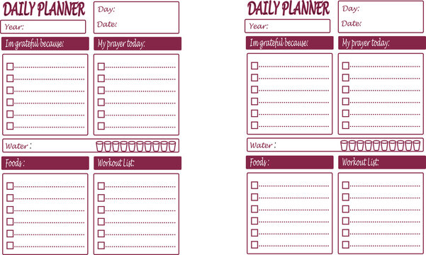 red color of printable daily planner with simple art in red color prayer list water and sport tracker