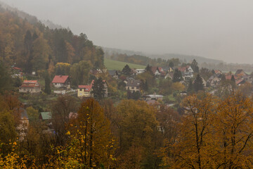 Autumn aerial view of Potstejn village, Czech Republic